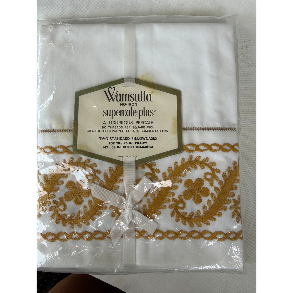 Vintage Wamsutta Supercale Plus Embroidered Pillowcases White Gold Made in USA